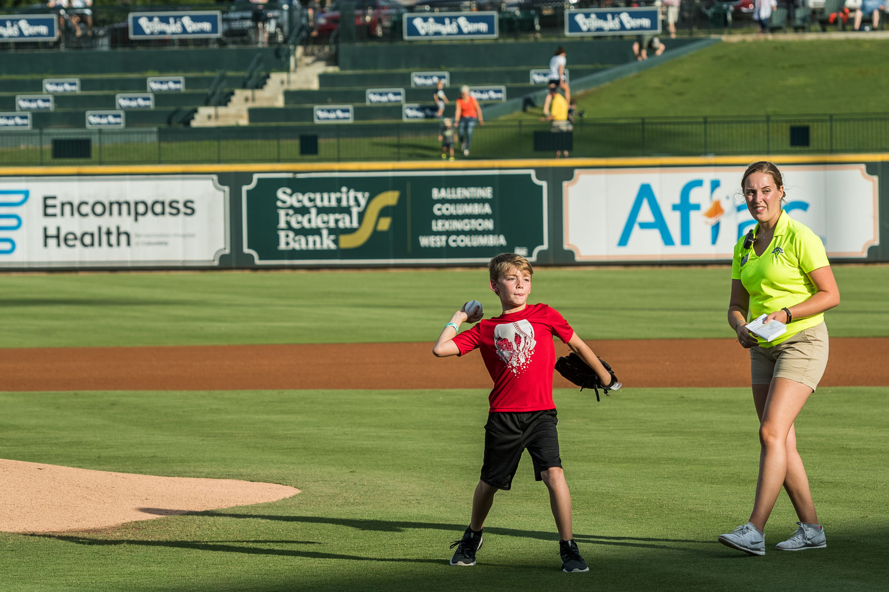 Landen Lorick throws out the first pitch at the Columbia Fireflies